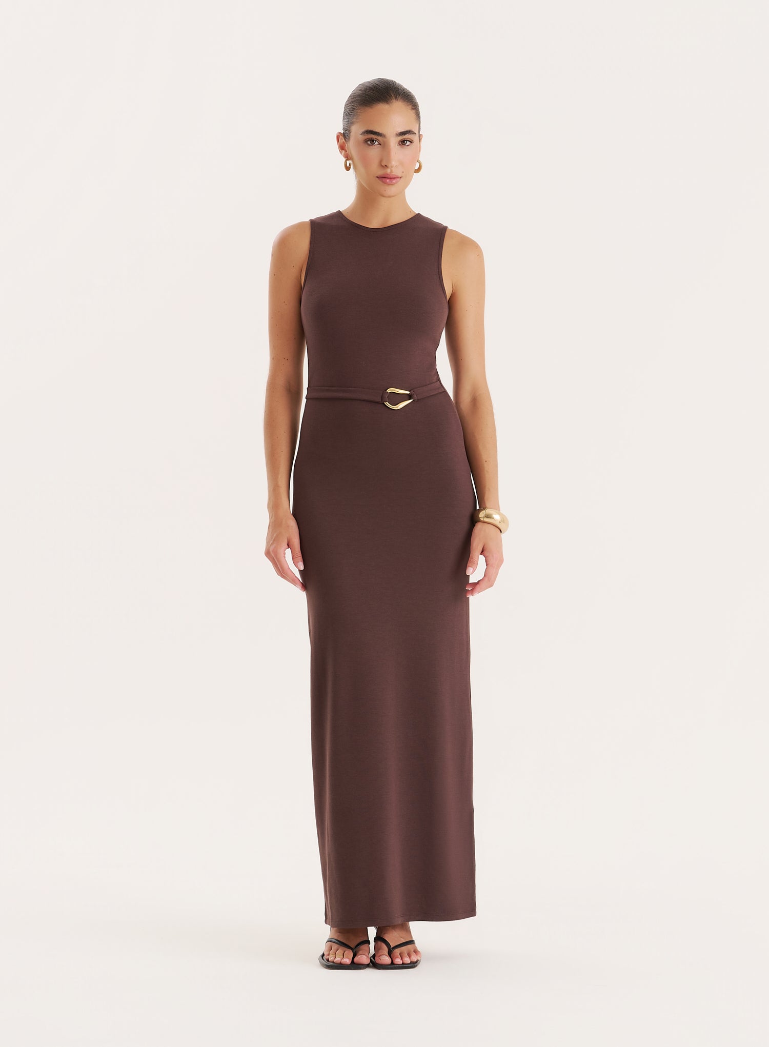 Chocolate Gold Hardware Belt Detail Maxi Dress- Arden